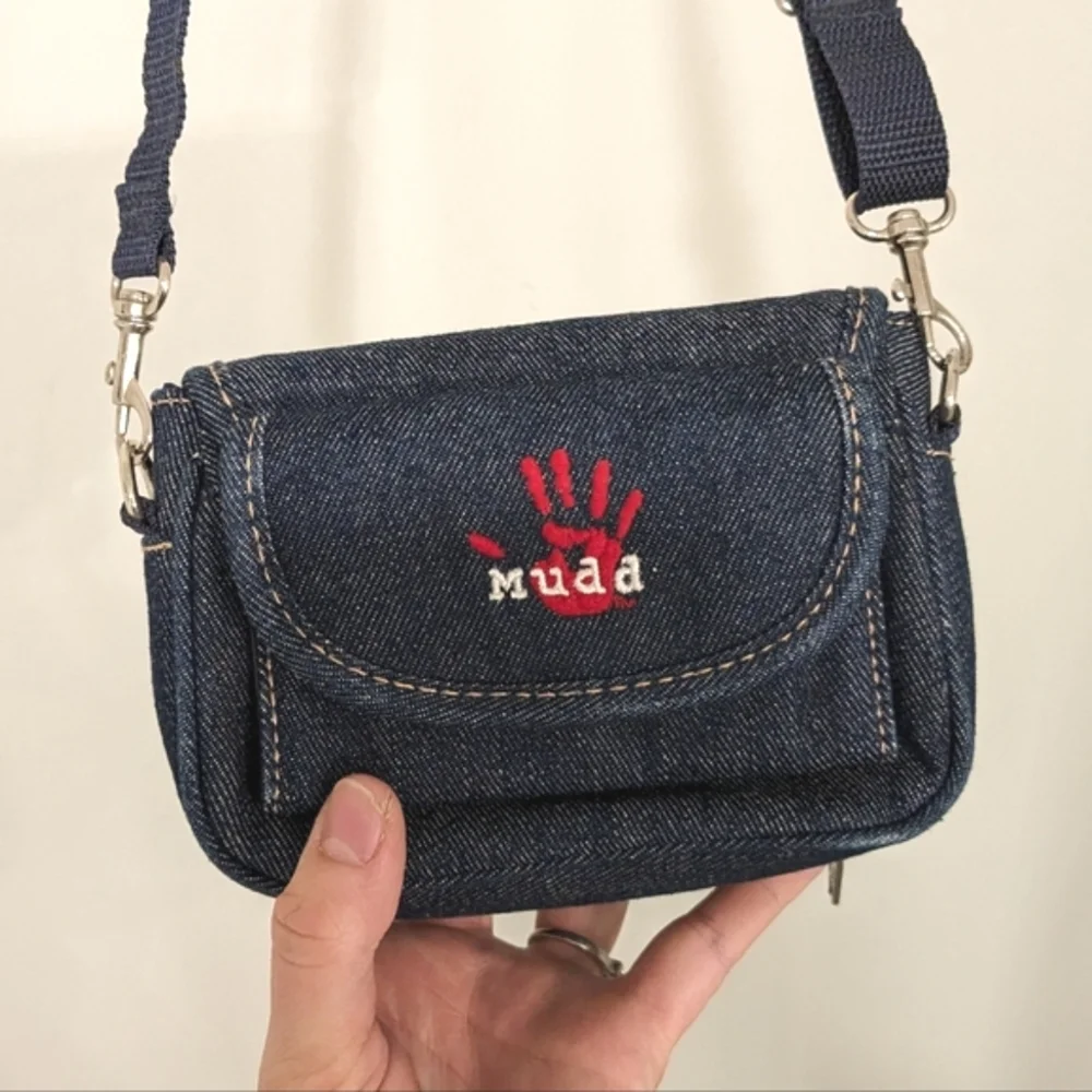Vintage Denim Crossbody Bag with Red Handprint Accent